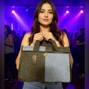 Woven Two-Tone Tote Bag - Gray & Light Blue